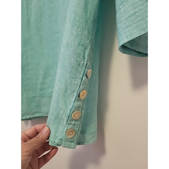 Sigrid Olsen 100% Linen Blouse 3/4 Sleeves V-Neck Turquoise 2X Beach Coastal - Picture 7 of 8
